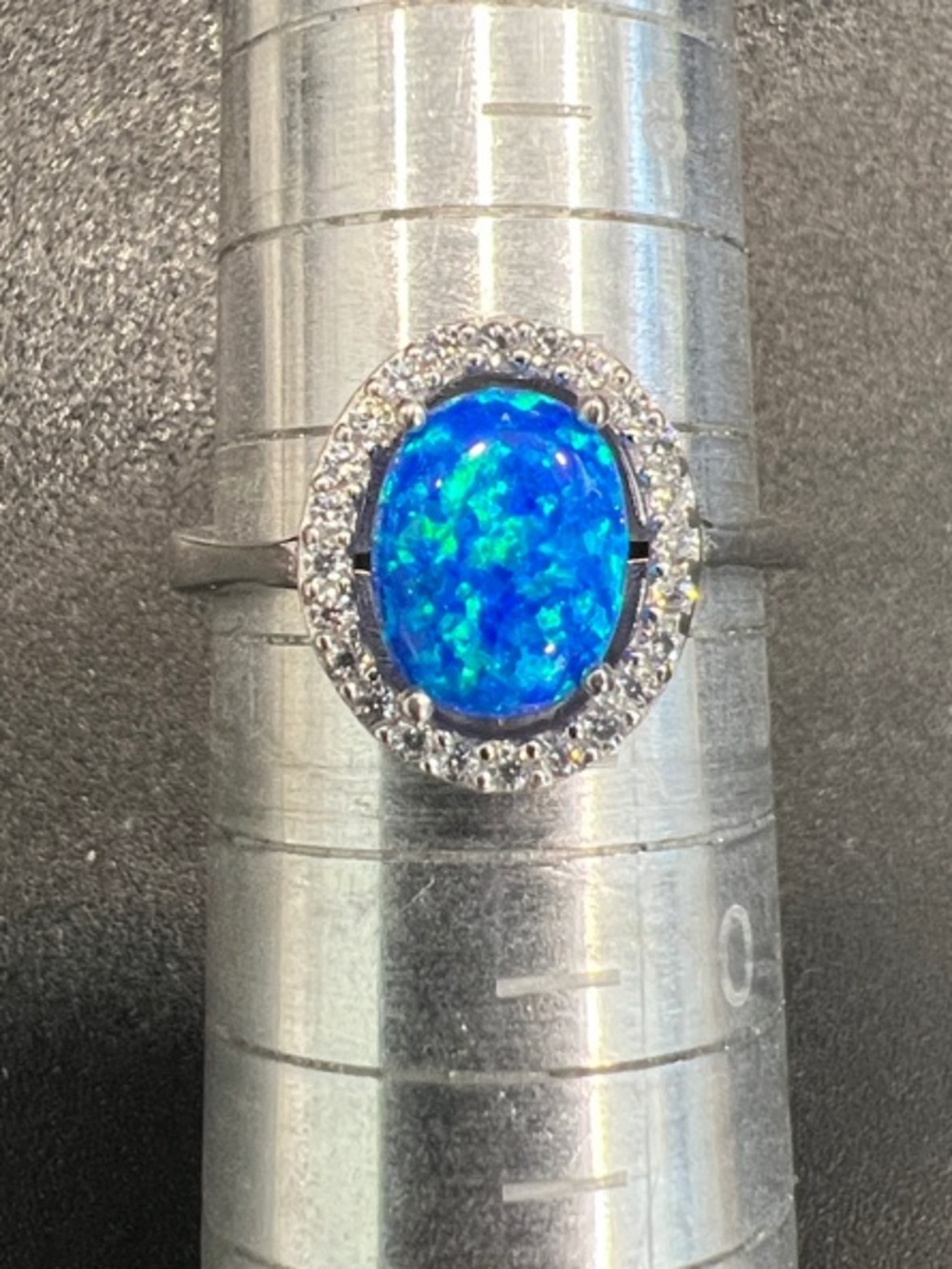 Blue Opal Halo Ring in Sterling Silver